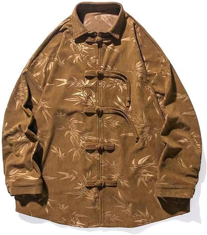 Chinese Style Button Down Collar Men's Oversized Printed Shirt, Retro Style top and Jacket in Spring and Autumn