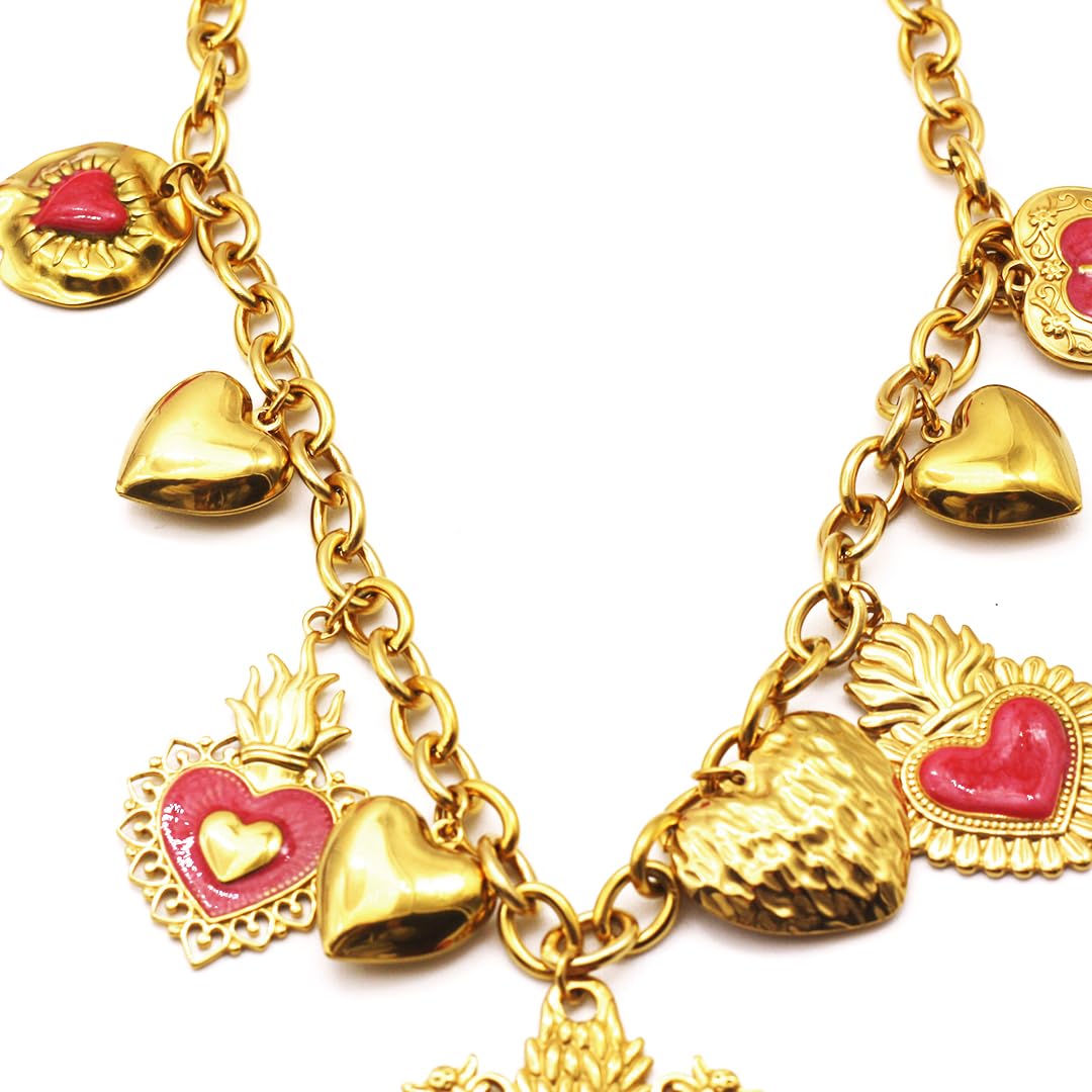 Generico Collana in Acciaio Inossidabile Color Oro con Ciondoli Cuore Smaltati Rossi - Cuori Sacri
