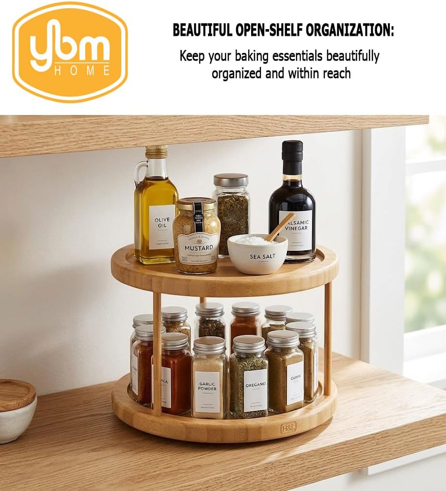 YBM Home Bamboo Wooden Non-Skid Spinner for Kitchen, Pantry, Fridge, Cupboards, or Counter Organizing, Fully Rotating Organizer