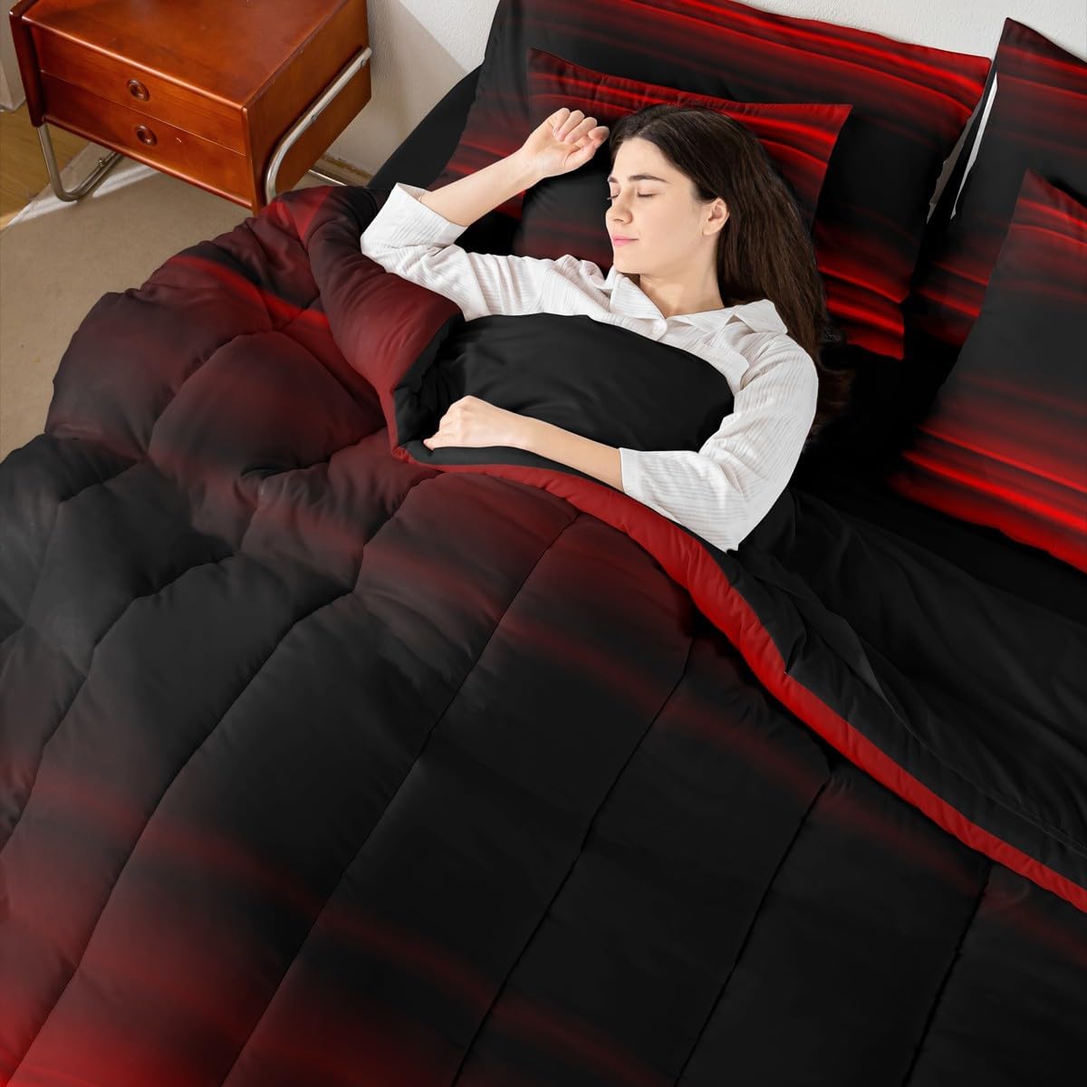 Erosebridal Red Black 7 Piece Bedding Set Twin Ombre Comforter Set with Sheets Abstract Teens Art Gradient Bed in A Bag Kids Girls Boys Bed Sets