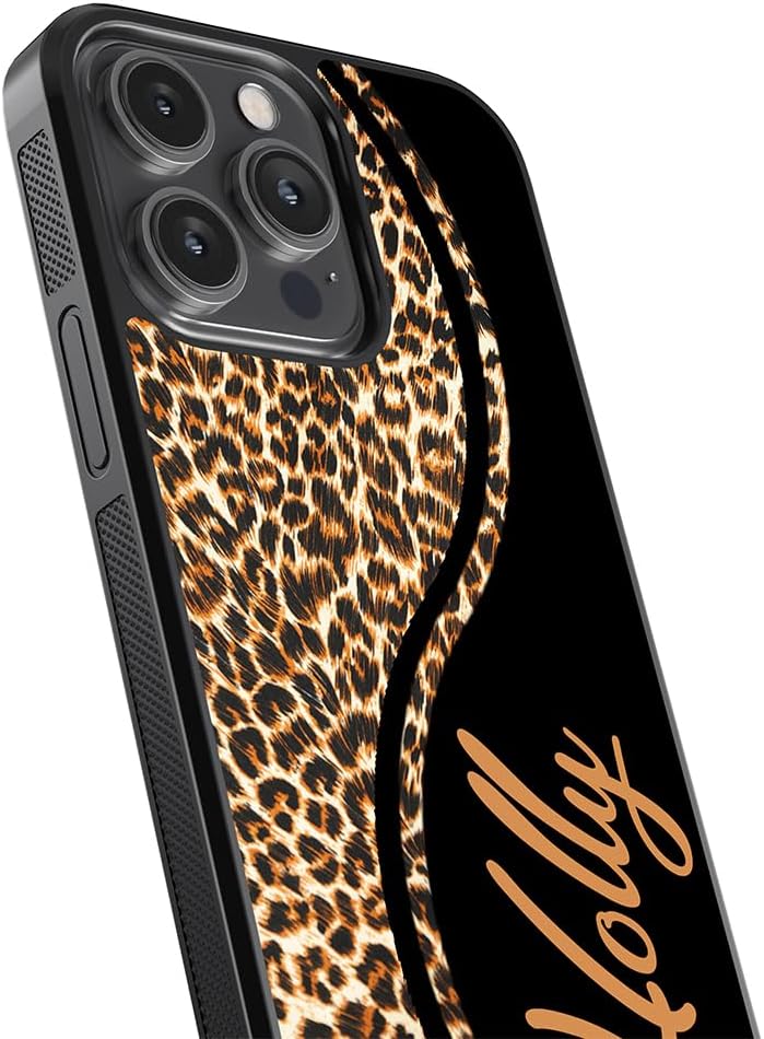 Leopard Skin Personalized Black Rubber Phone Case Compatible with Apple iPhone 17 Pro Max Air, 16 Pro Max Plus, 15 Pro Max Plus, 14 Pro Max Plus, 13 Pro Max Mini, 12, 11, X, 7
