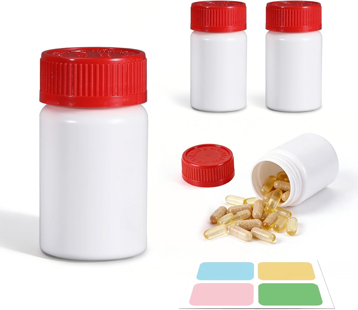 4 Pack Small Empty Plastic Bottles for Pills - Travel Medicine Containers with Lids & Labels, Portable Daily Organizer Storage for Vitamins, Medication Essentials