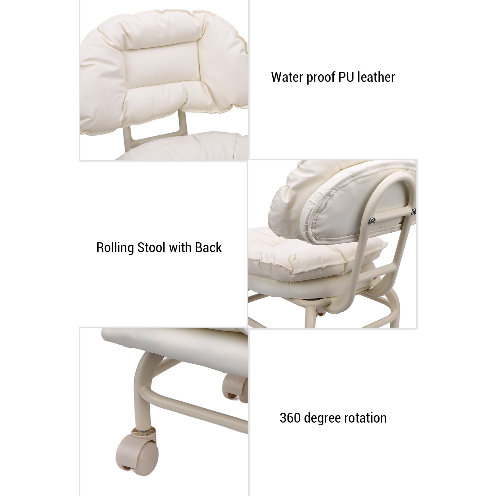Taburete Bajo con Ruedas, Silla Baja Giratoria de PU con Respaldo, Taburete con Ruedas para Garaje | Silla Taburete | Silla Pequeña con Ruedas para Casa Oficina Salones