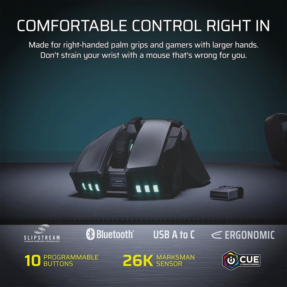 CORSAIR IRONCLAW Bezprzewodowa mysz do gier SE, 26 000 DPI, ergonomiczna konstrukcja dla większych dłoni, 10 programowalnych przycisków, do MOBA, FPS, MMO, czarna