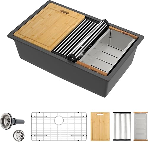 Sarlai - Fregadero de cocina negro 33 compuesto de granito - Fregadero de cocina de 33 x 19 pulgadas, estación de trabajo de montaje inferior, color