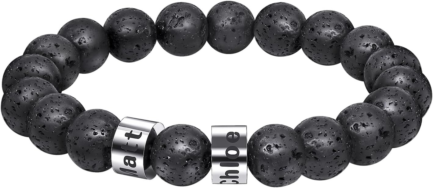 BAUMA AUTO Personalized Stone Beads Bracelets with 1-5 Names Tiger Eye Stone Bracelet Stone Beads Bracelets for Men Husband Grandpa Father's Day Christmas