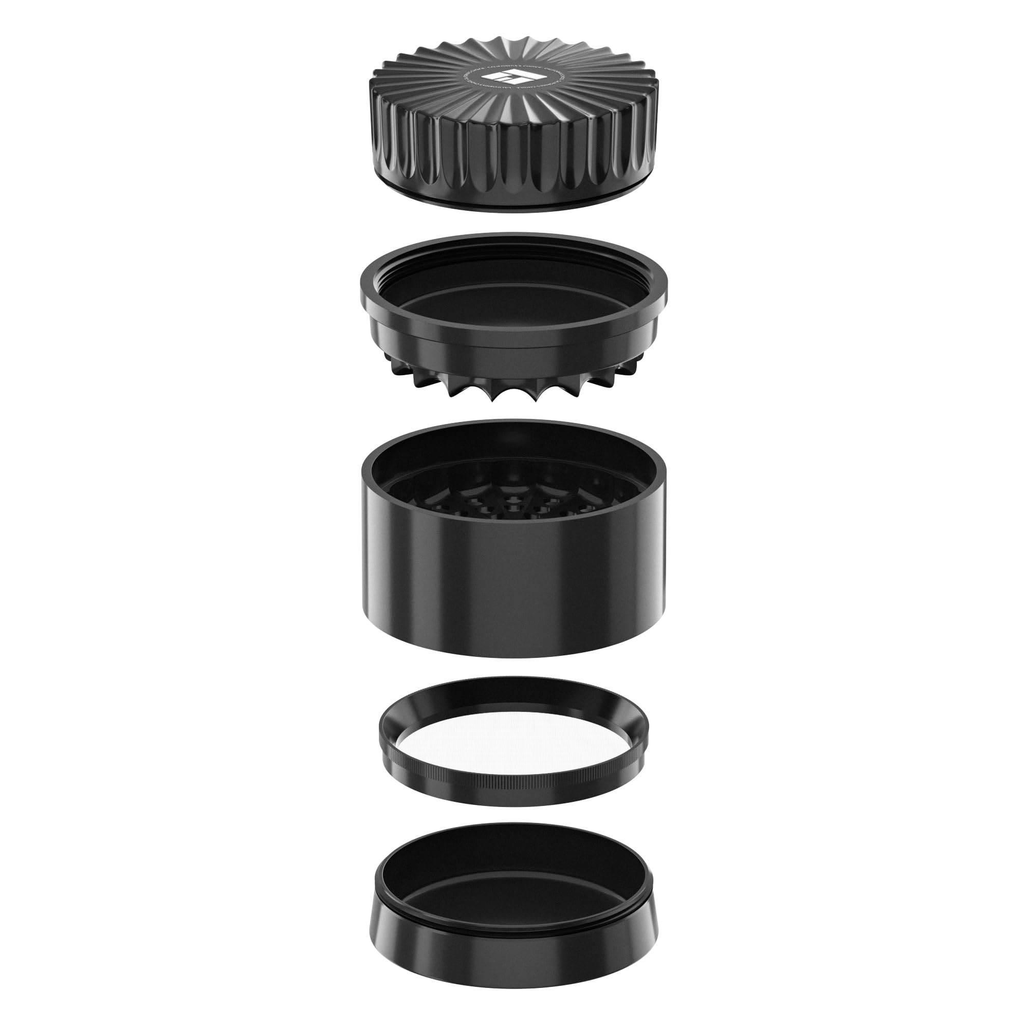 Premium Toothless Ceramic Grinder Calabasas Schwarz | Zahnlos | Nano-Keramik Beschichtung | 5 – teilig | Blüten (Flower) Mühle (Mill) | Inkl. Storage Deckel & Feinsieb (Schwarz) | California's Choice