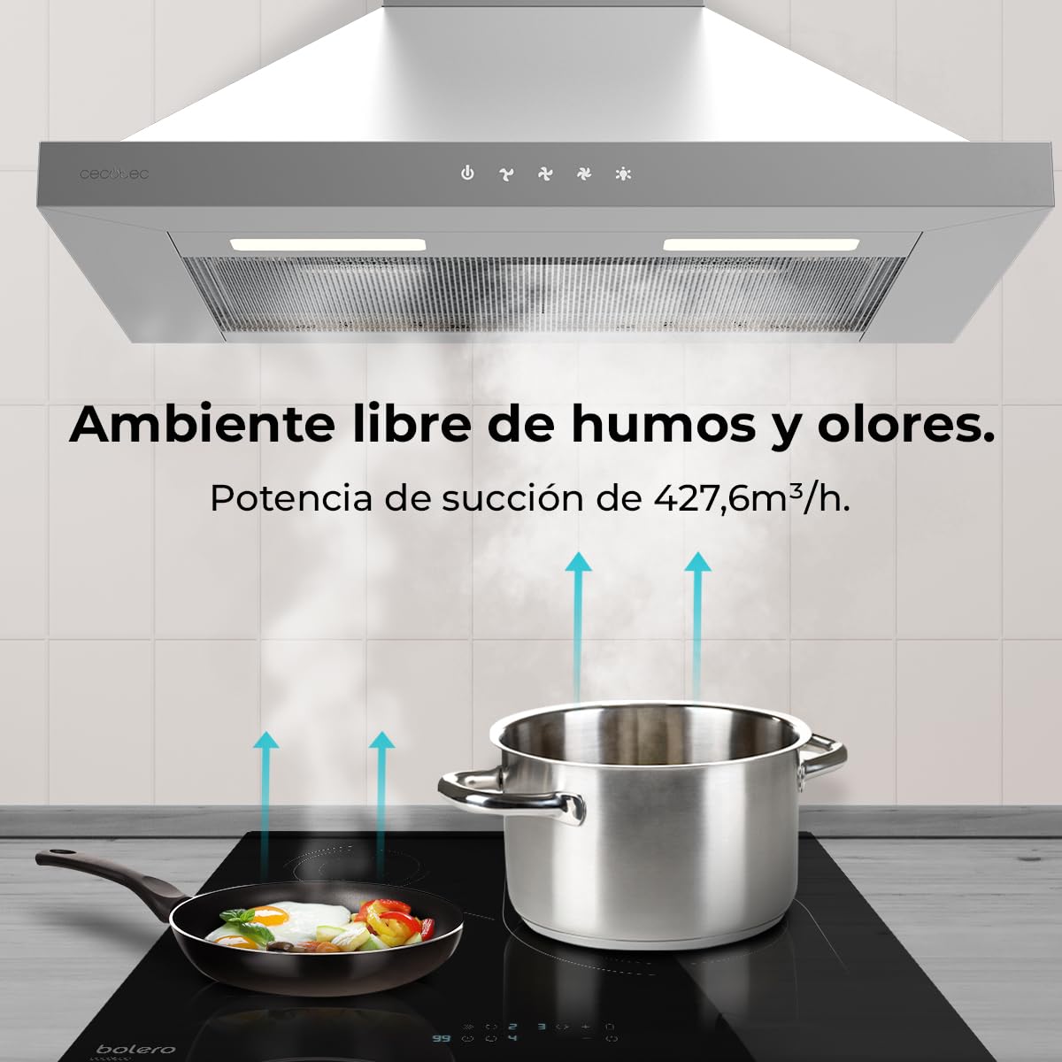 Cecotec Campana Extractora 60cm Piramidal Bolero Flux PT 604000 Inox A+++. Succión 427,6m3/h, 3 Velocidades, SS Touch Control, Acabado Inoxidable, Bajo Consumo, Motor DC, Luz LED, Filtros Incluidos