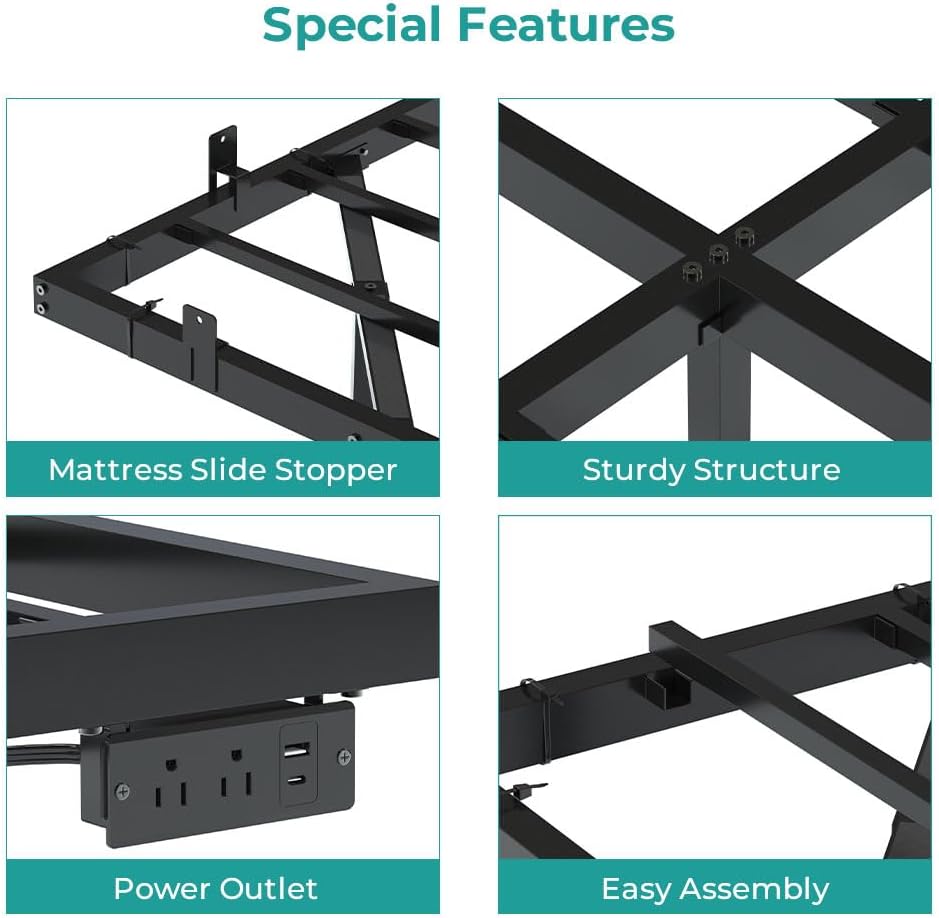 SANGMUCEN Floating Queen Bed Frame with LED Lights & USB Charging Station, Metal Platform Bed Frame Queen Size, No Box Spring Needed, Steel Slat Support, Anti-Noise Foam Stickers, Easy to Assemble - Image 5