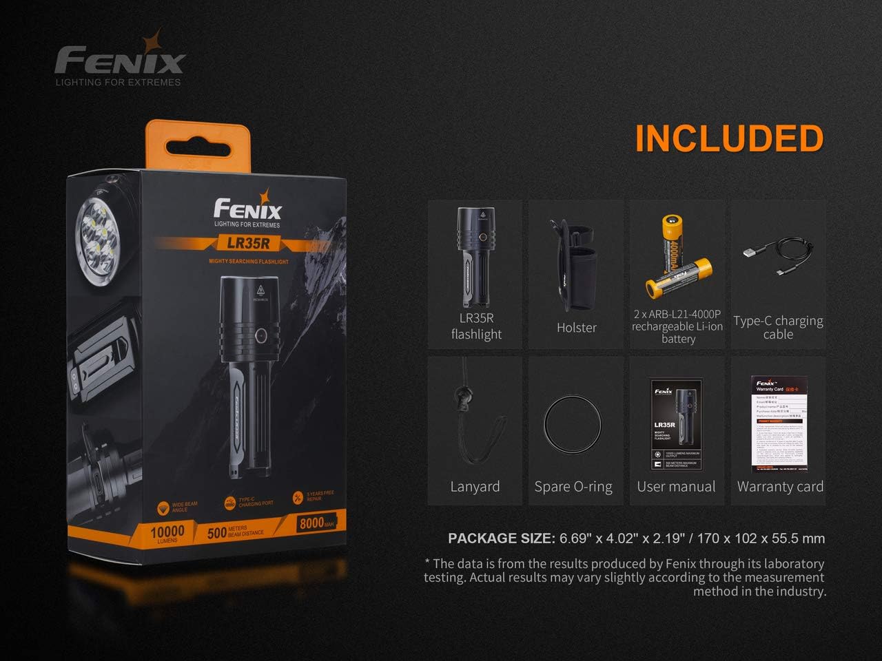 EdisonBright Fenix LR35R 10,000 Lumen LED Rechargeable Tactical Flashlight, All 01 Lanyard with 2 X Fenix Li-ion Rechargeable Batteries Battery Carrying case Bundle