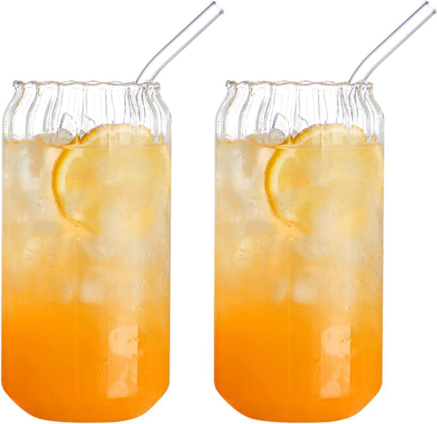 Hotfiary Ribbed Highball Drinking Glasses with Glass Straw Beer Can Glass Cups 14.1