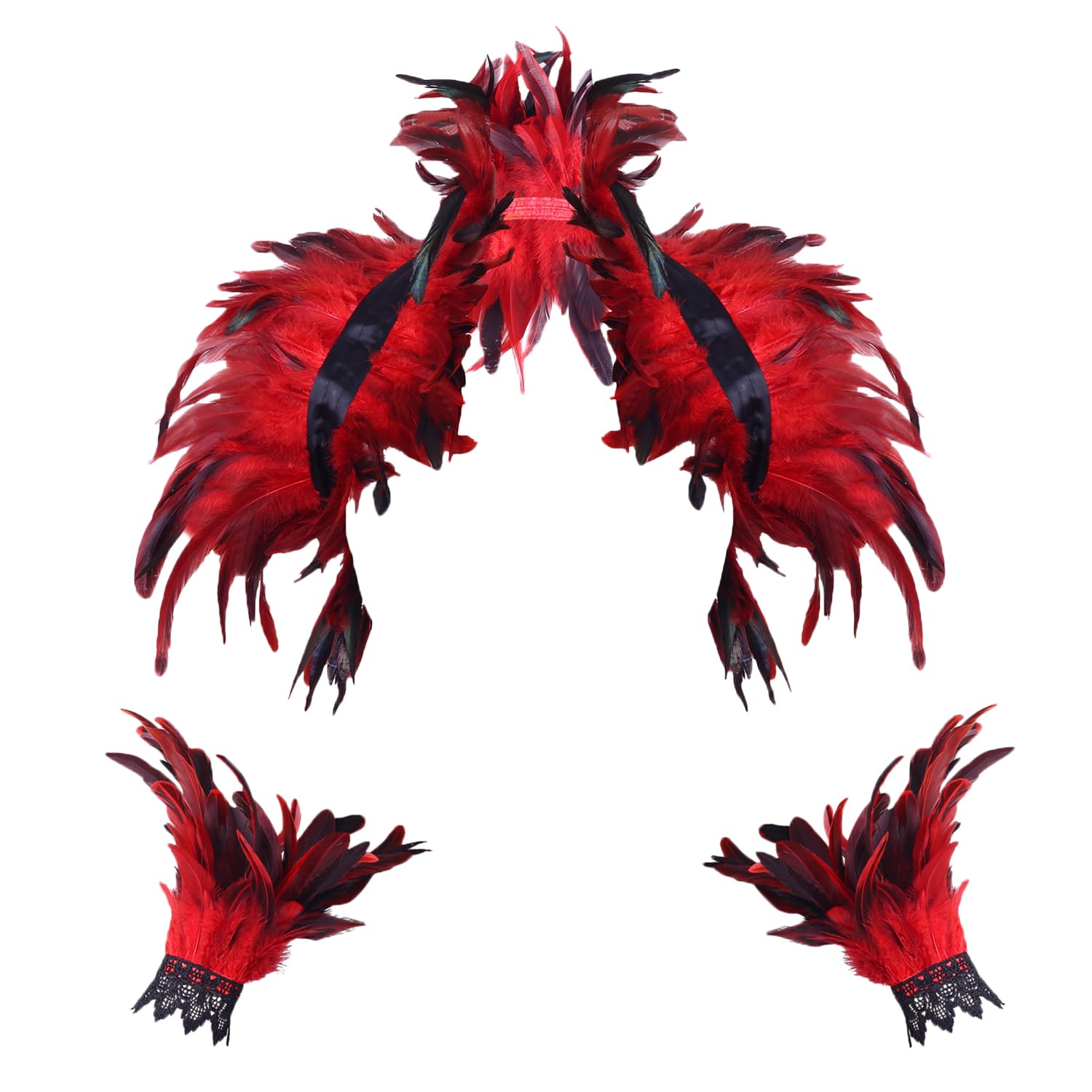 ITODA Gothic Feather Shawl with Wristband Crow Costume Natural Feather Cape Shawl Collar Feather Epaulet Shrug Poncho for Halloween Cosplay Party Evening Dress (red)