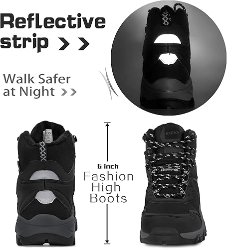 Miniatura 5 de GRITION Botas de senderismo para hombre, impermeables, botas de nieve de trabajo de tobillo medio para hombres, zapatos negros para mochileros,