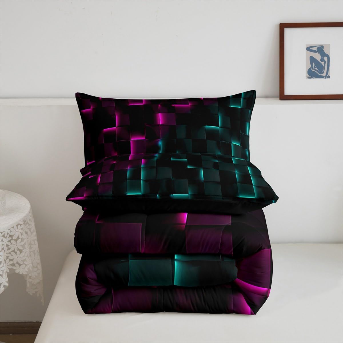 Erosebridal Black Pink Teal Queen Comforter Set,3D Geometric Plaid Bedding Sets,Neon Gradient Abstract Quilt Bed Set,Gamer Bedroom Decor for Kids Teen Adults,2 Pillowcases