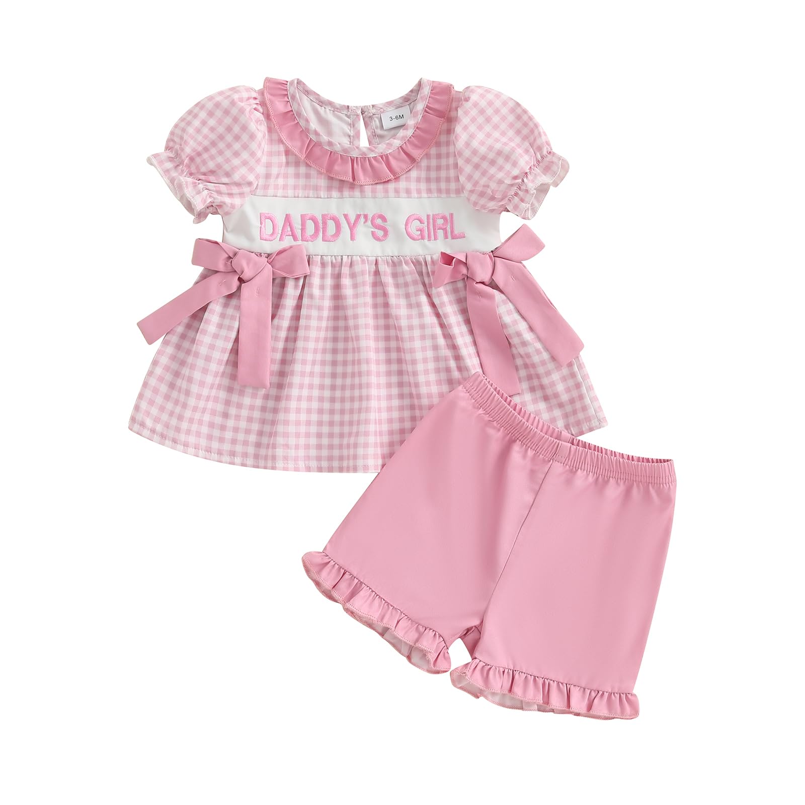 Finegoodwei Toddler Baby Girl Summer Outfit Letter Embroidery Plaid Bows Ruffled Trim Short Sleeve Tops with Shorts 2 Pcs Set (Pink, 9-12 Months)