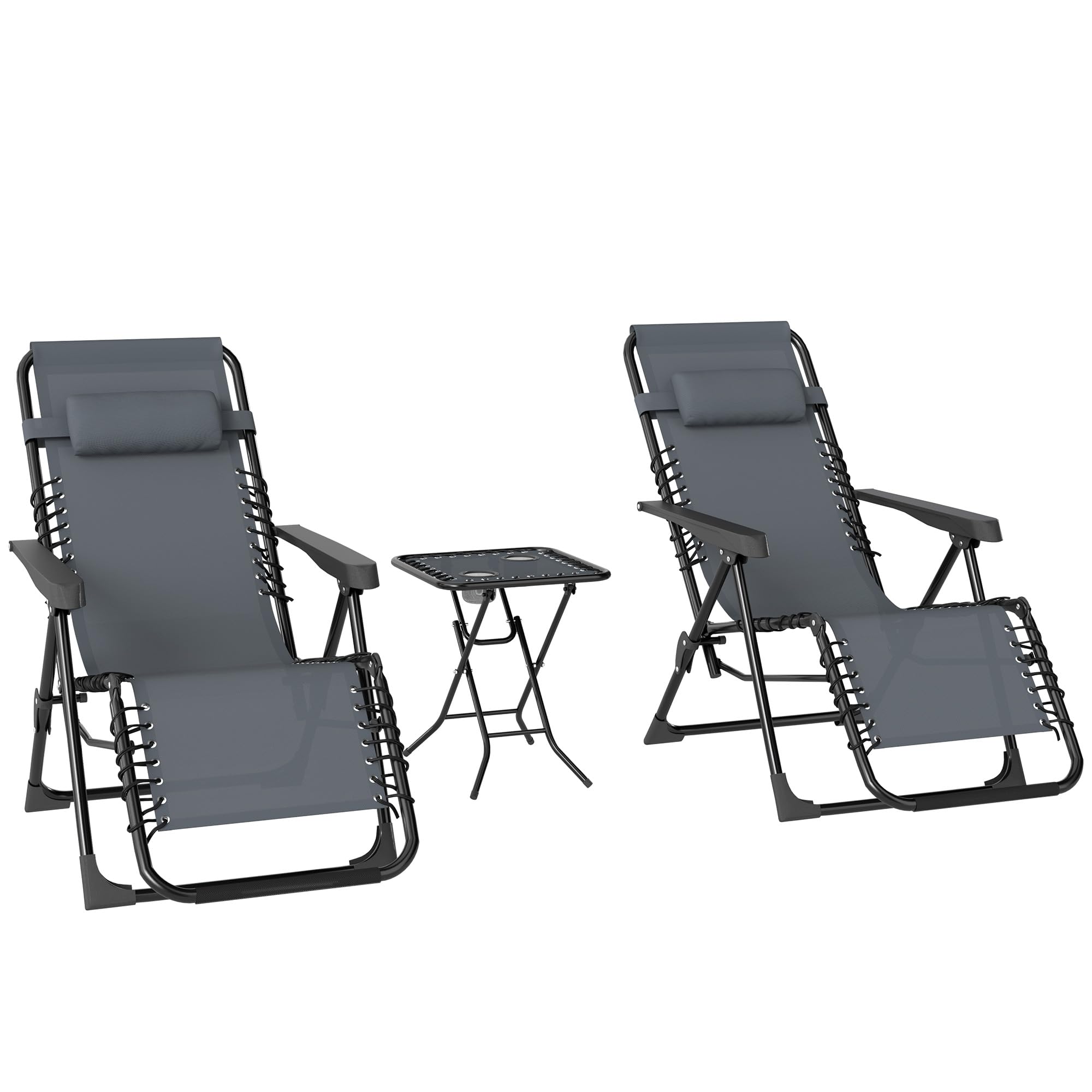 Outsunny Set de 2 Tumbonas Jardín Exterior Plegables con Mesa Auxiliar Portavasos Tumbonas de Gravedad Cero con Respaldo Ajustable Reposabrazos Extraíble para Patio Piscina Terraza Exterior Gris