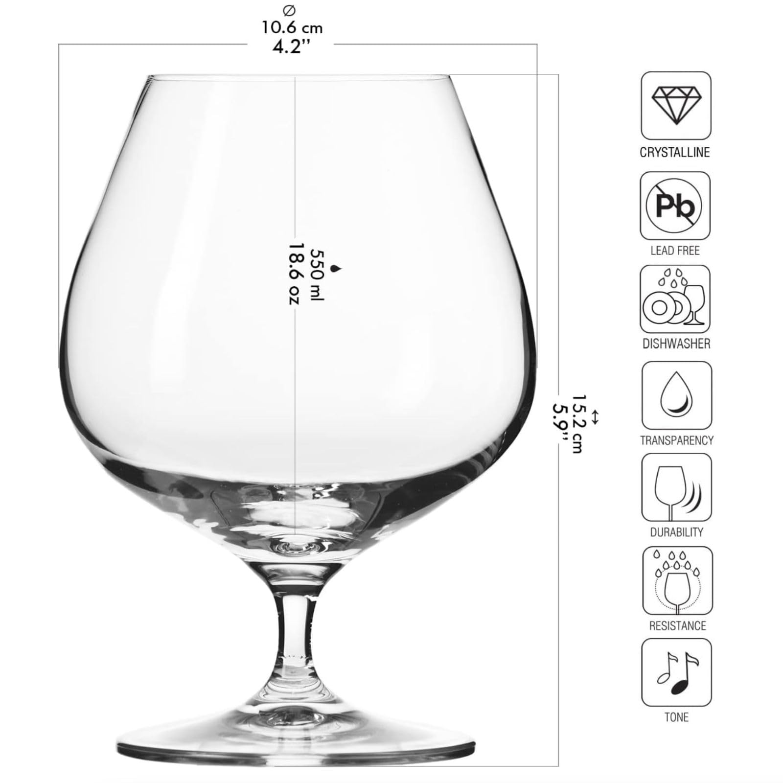 Krosno Harmony Calici Brandy Cognac 590 ml, Set 6 Pezzi, Vetro Cristallo Senza Piombo, Snifter Eleganti per Degustazione, Casa Ristorante, Lavabili in Lavastoviglie