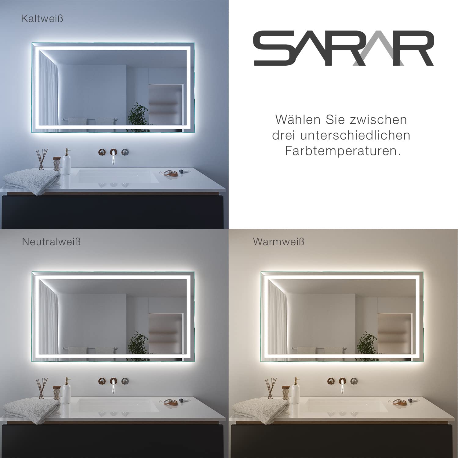 SARAR Badspiegel Spiegel Badezimmerspiegel mit schmaler rundum LED-Beleuchtung 170x80 cm Made in Germany eckiger Wandspiegel Mirror Spiegel Bad mit Licht auf Maß Toulon