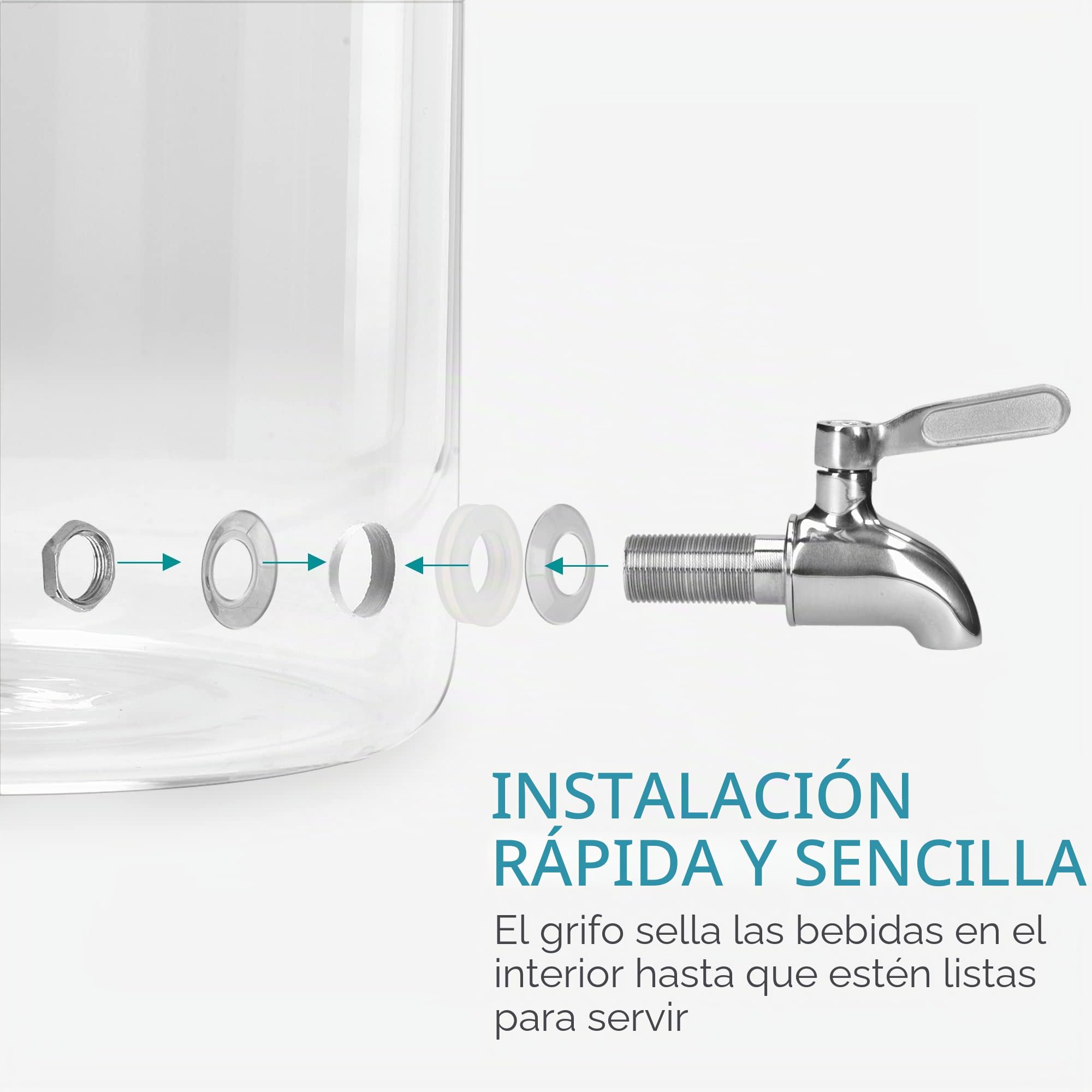 Navaris Dispensador de bebidas - Garrafa de cristal con grifo asa de cuero y soporte de madera - Jarra 5,6 l para agua bebida limonada con dosificador