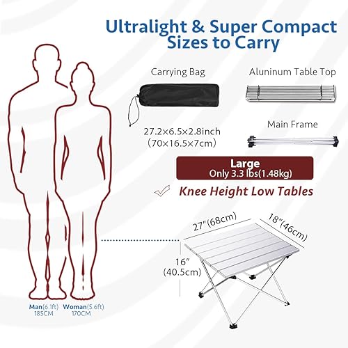 Miniatura 10 de Grope Mesa de camping plegable pequeña con parte superior de aluminio, mesa de playa para arena con bolsa de transporte, perfecta para exteriores,