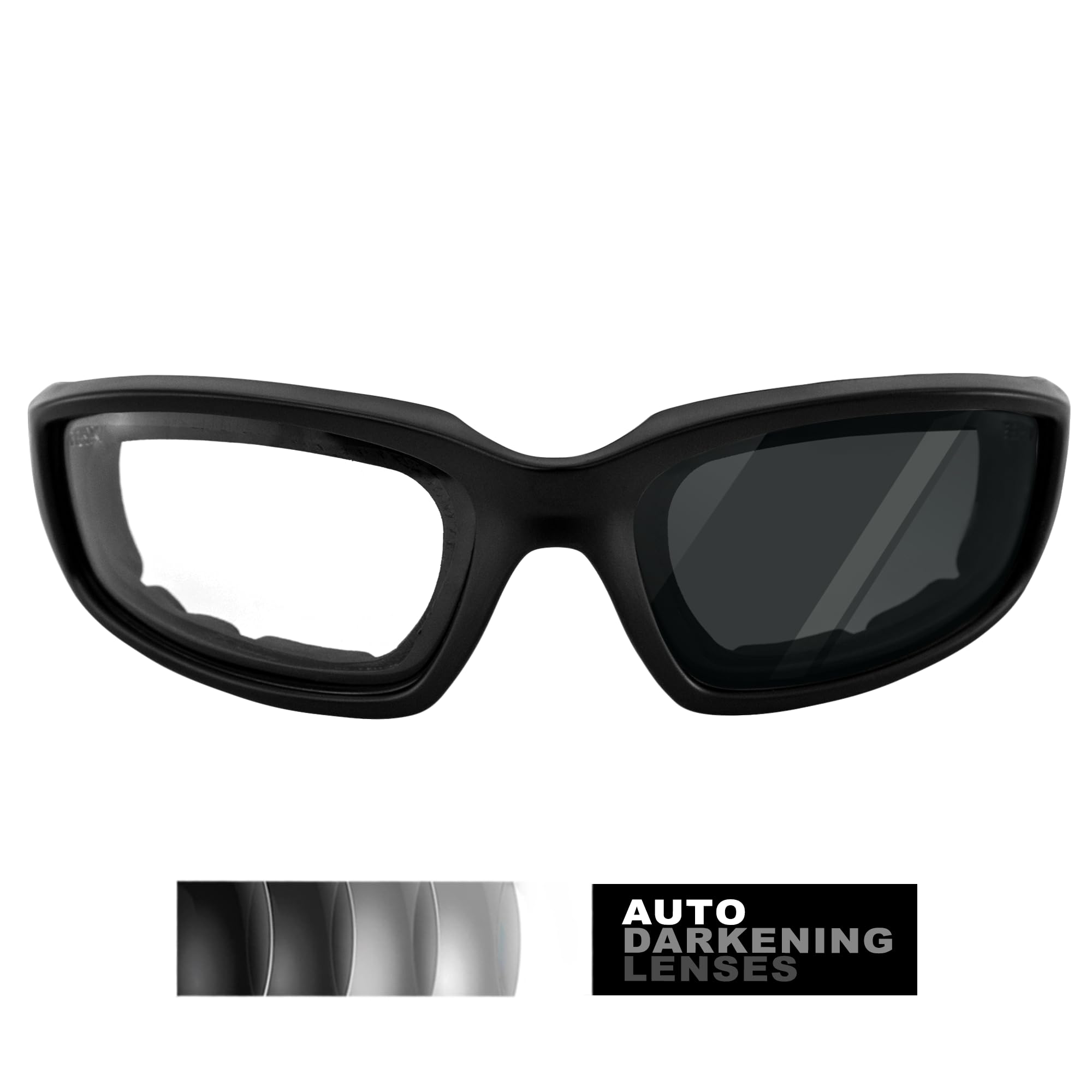 Epoch Eyewear Motocyklowe wyściełane fotochromowe okulary przeciwsłoneczne, czarna ramka z przezroczystymi do bardzo ciemnymi soczewkami, przezroczyste do bardzo ciemnego dymu, dla dorosłych