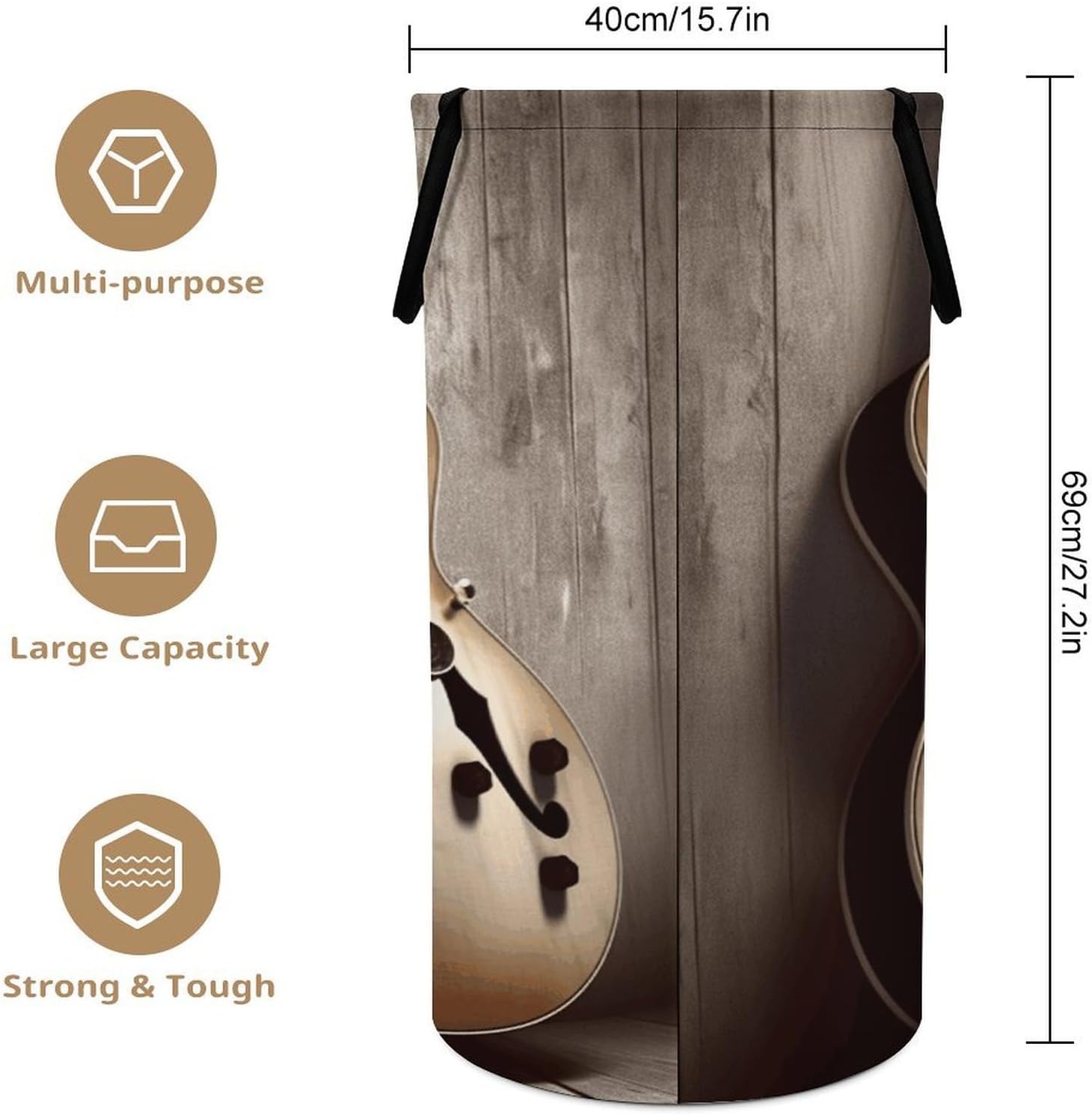 Guitar Pictures Laundry Hamper with Handles Waterproof Collapsible Laundry Basket Large Lightweight Round Dirty Clothes Hamper for Home Dorm Bathroom Decor