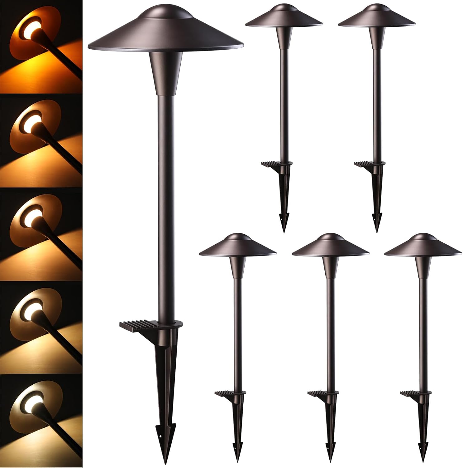 LEONLITE Update 5CCT Low Voltage Pathway Lights, LED Landscape Path Lights, 1800/2700/3000/4000/5000K, Saucer Head, 12-24V AC/DC, IP65 Outdoor Walkway Light, Oil Rubbed Bronze Aluminum, Pack of 6