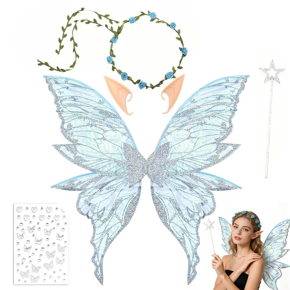 XEERUN Fairy Wings for Girls Women, Butterfly Wings for Adults, Butterfly Elf Dress up Set, Fairy Wand Crown Ears for Halloween Costume, Bride Flower Boy Accessories, Dress Up Cosplay Party (Blue)