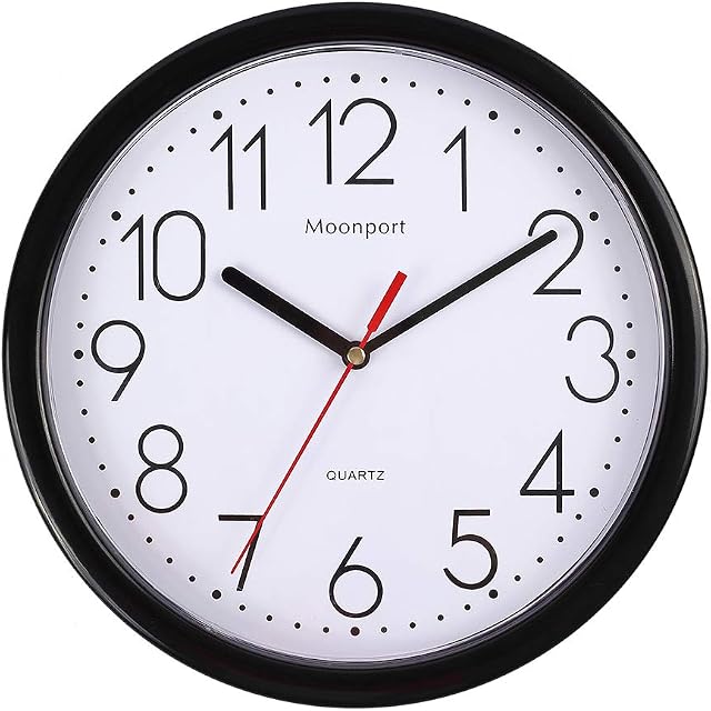 Moonport Wall Clock,10" Modern Silent Non-Ticking Quartz Round Easy to Read for Office/Kitchen/Shcool Clock,Battery Operated 25cm -Black