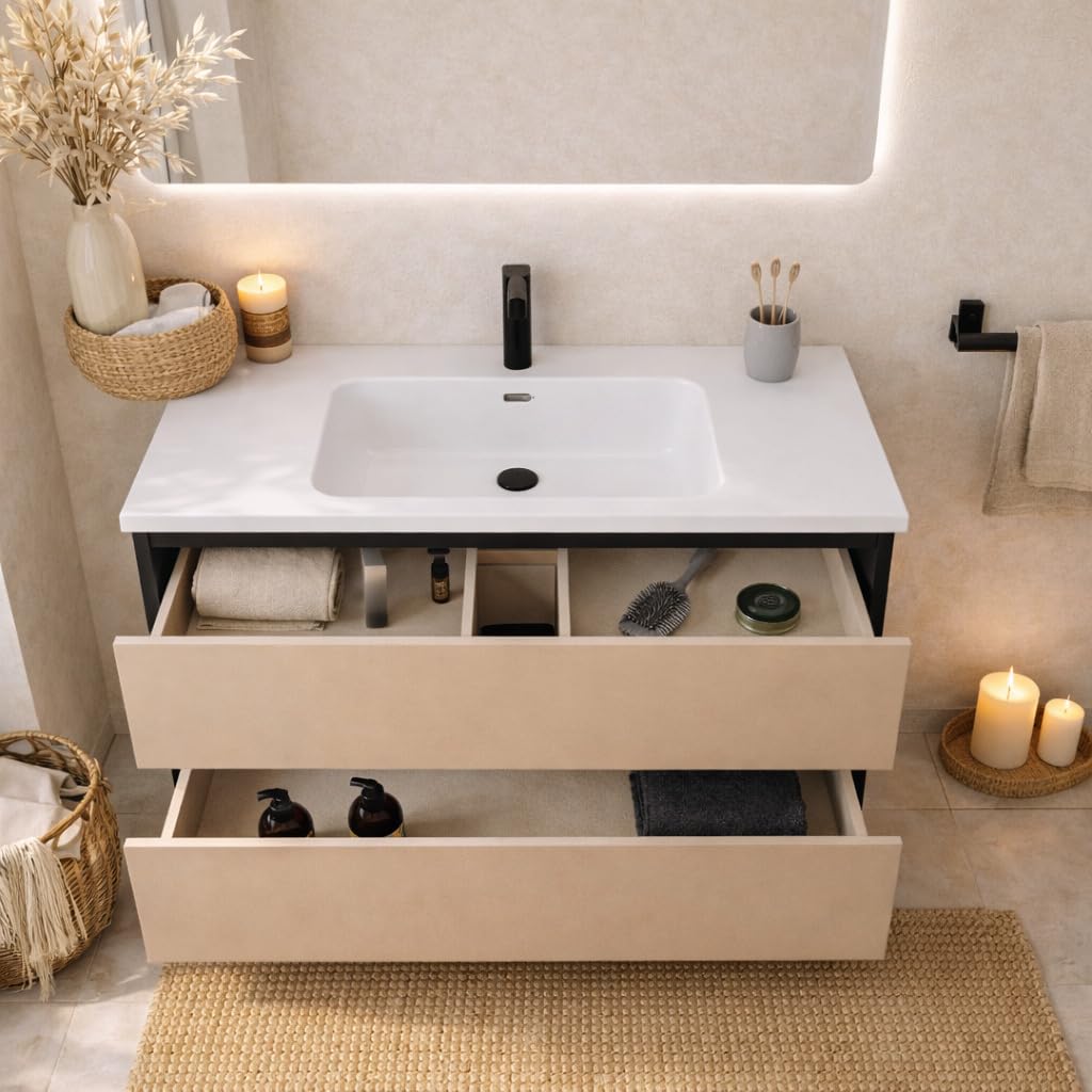 Baikal Mueble de Baño Vita. Mueble MONTADO. Ancho 80cm Visón. Cierre Amortiguado. 2 Cajones Suspendido con Lavabo Ceramico. Armario de Baño.