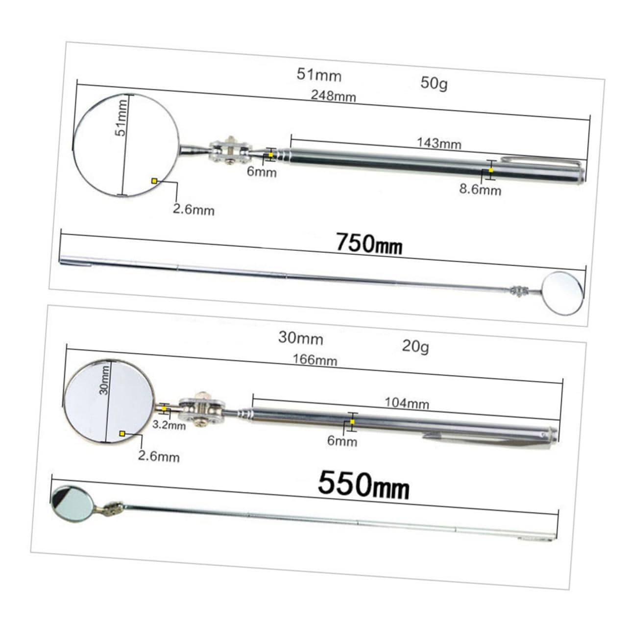 Folding Telescopic Automotive Inspection Mirror for Vehicle Maintenance and Welding Swivel Ball Joint for Viewing Reflector Tool for Hidden Parts Detection