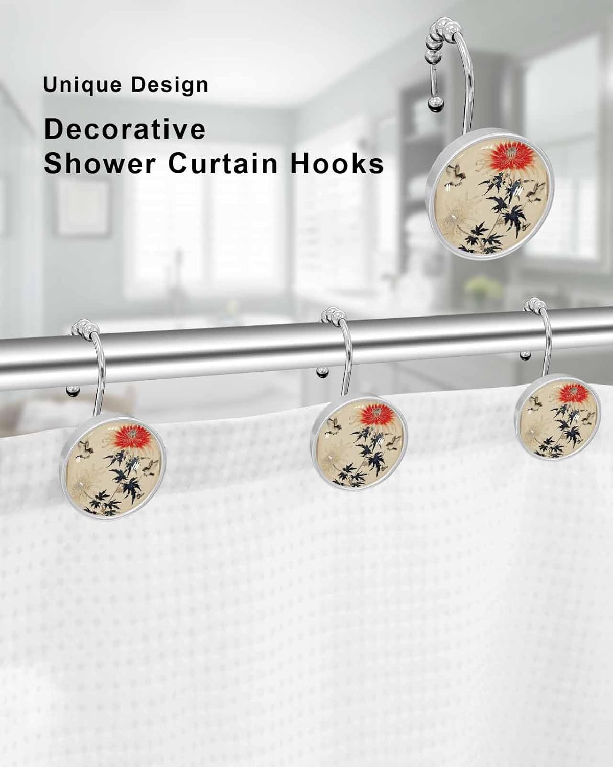 Shower Curtain Hooks 12 Pcs, Vintage Flowers Chrysanthemum Bird Butterfly Stainless Steel Rust Proof Rolling Shower Curtain Rings, Decorative Shower Curtain Hooks Hangers for Bathroom