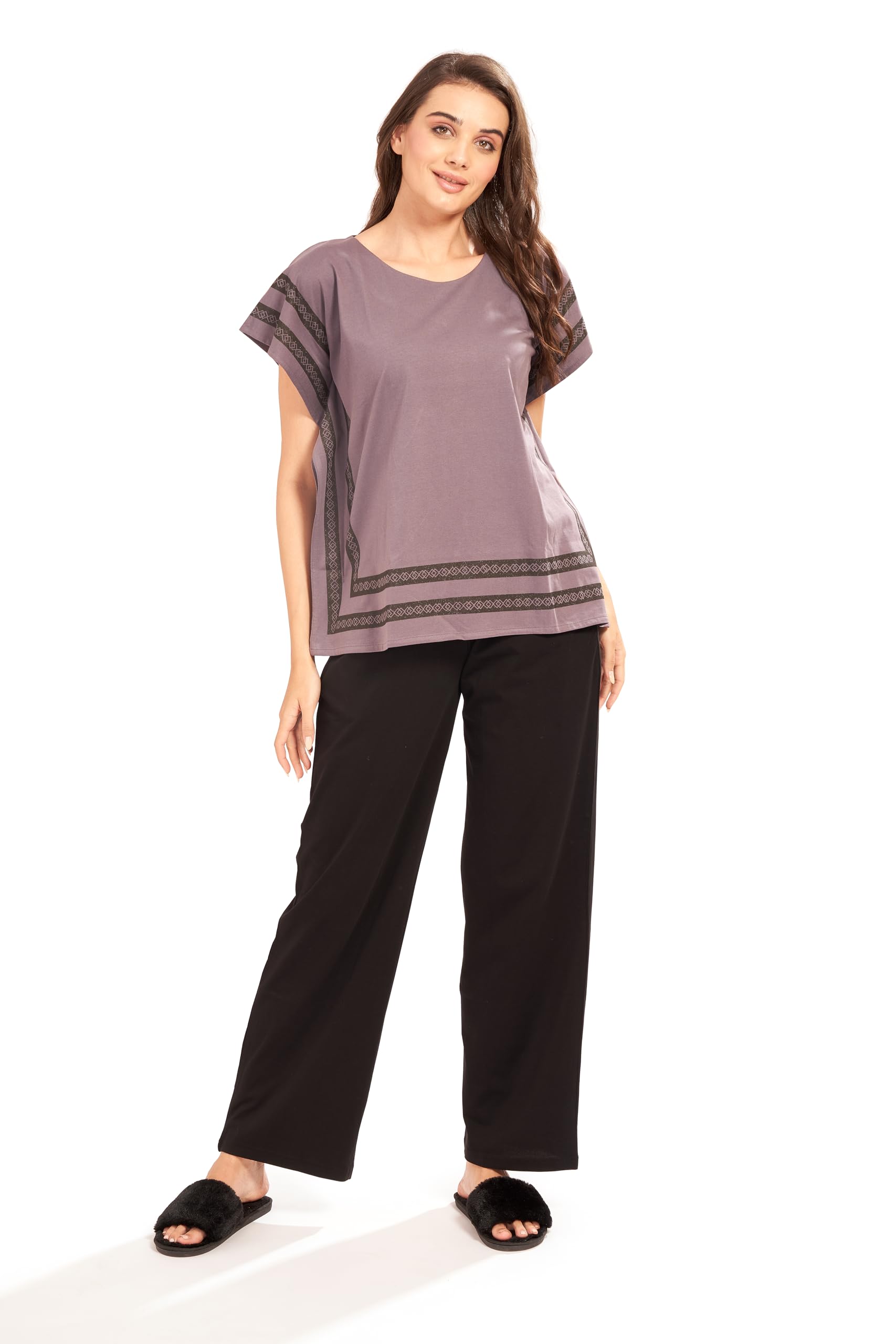 av2 Women Cotton Knit Kaftan Top & Pajama Nighsuit Set Grey -4091-picture-34