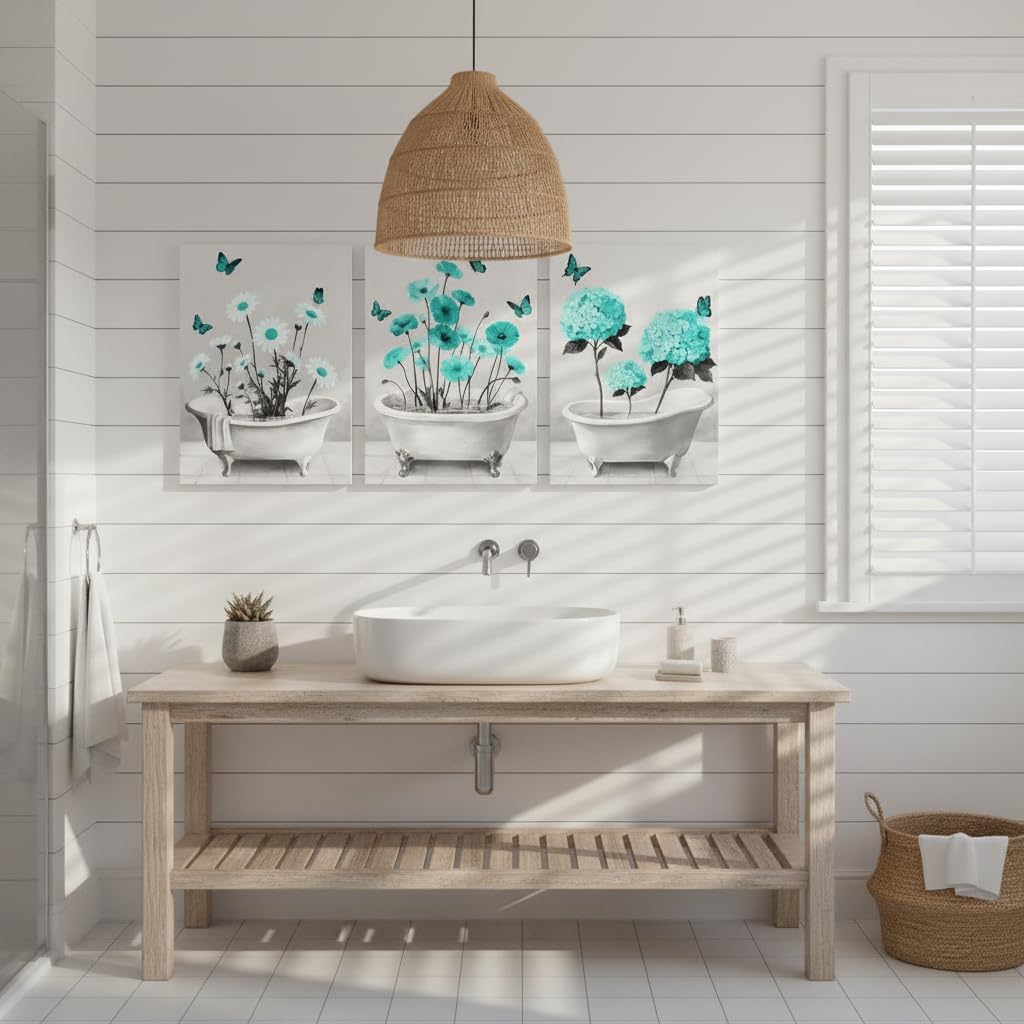 FuShvre Teal Floral Bathroom Decor Flower Bathroom Wall Art Turquoise Pictures with Daisy Poppy and Hydrangea Prints Framed 12x16 inches each (Teal)
