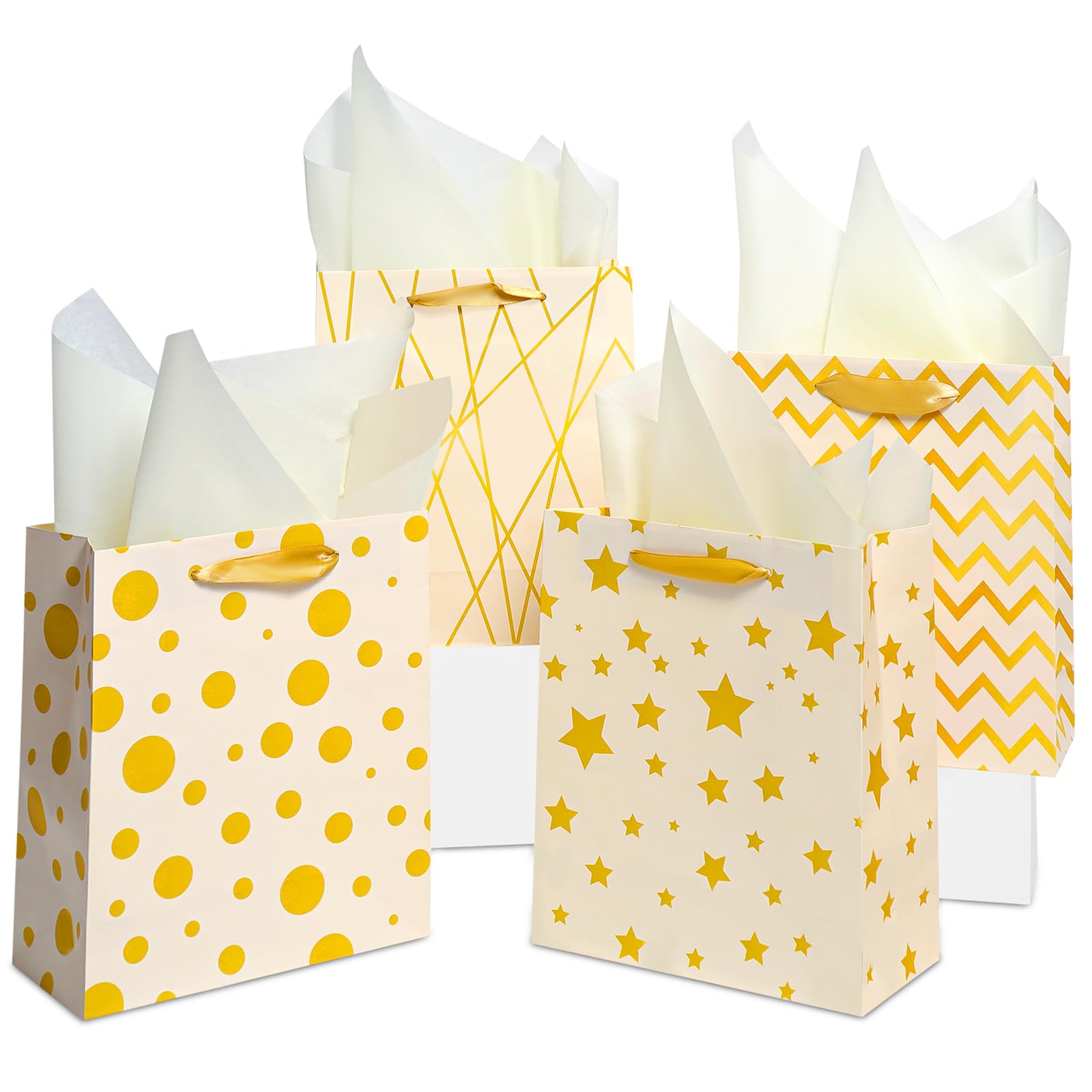Gift Bags, Golden Gift Bags for Presents with Tissue Paper,Medium Gift Bag,Party Bags for Women Girls Boys Presents Birthdays Christmas New Year(4 PCS, 9 x 7x 4 inch)