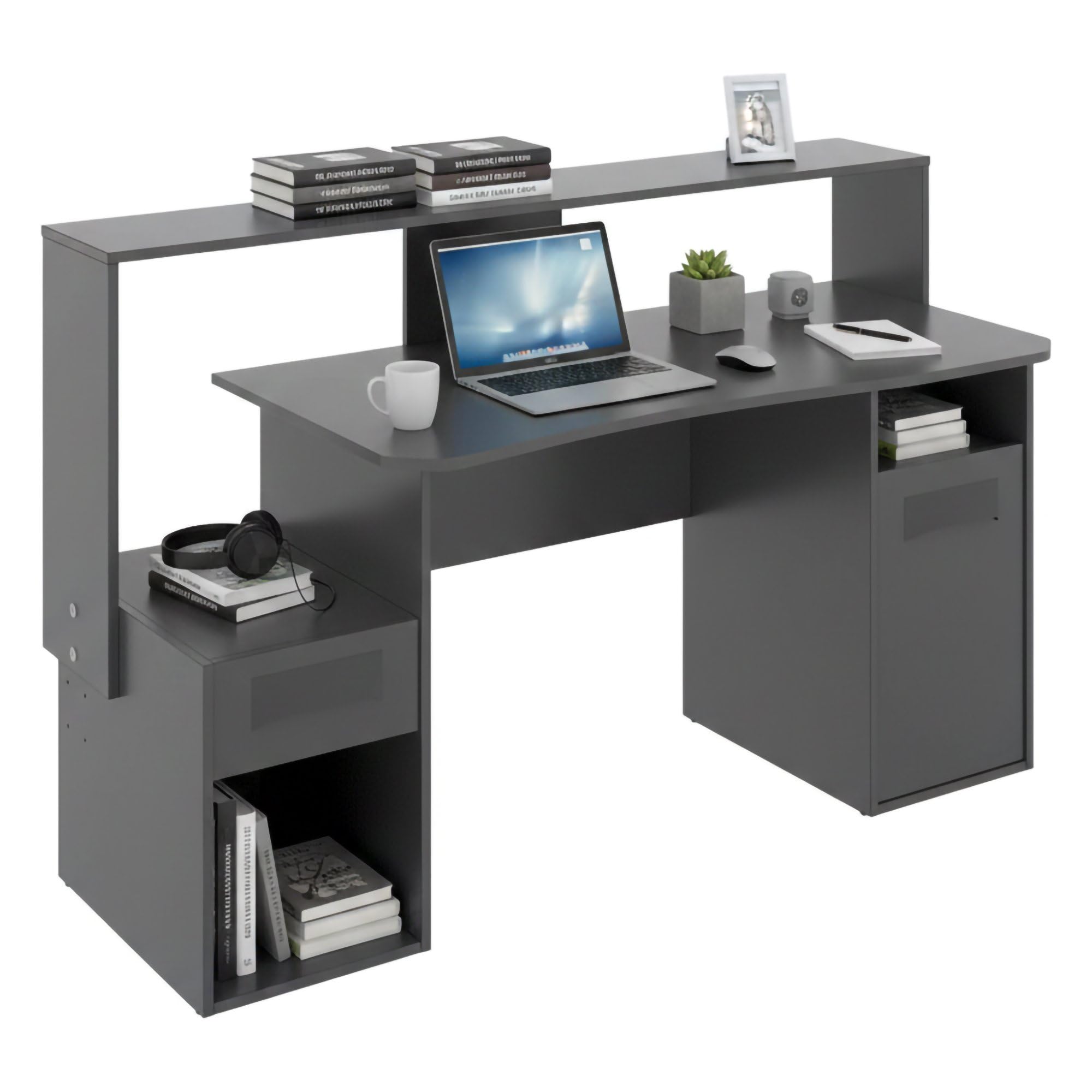 Dmorlup Bureau, Multifunctioneel Omkeerbaar Bureau Met Meerdere Posities Studeer Of Kantoortafel Voor Pc Met Plank 136x139h74 Cm Wit En Cement