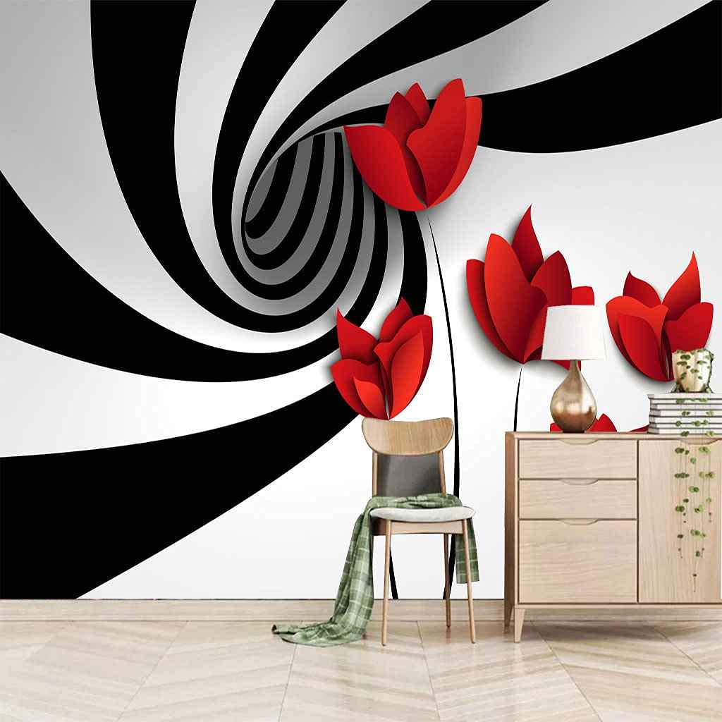 Papier peint 3D tourbillon noir et blanc pour agrandir visuellement le salon