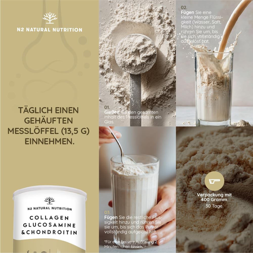 Collagen Hydrolysat Pulver mit Hyaluronsäure, Glucosamin, Vitamin C, Magnesium, Silizium. Kollagen Pulver. Leistungsstarker Knorpelschutz. Stärkung der Gelenke, Knochen, Haut. EU. N2 Natural Nutrition