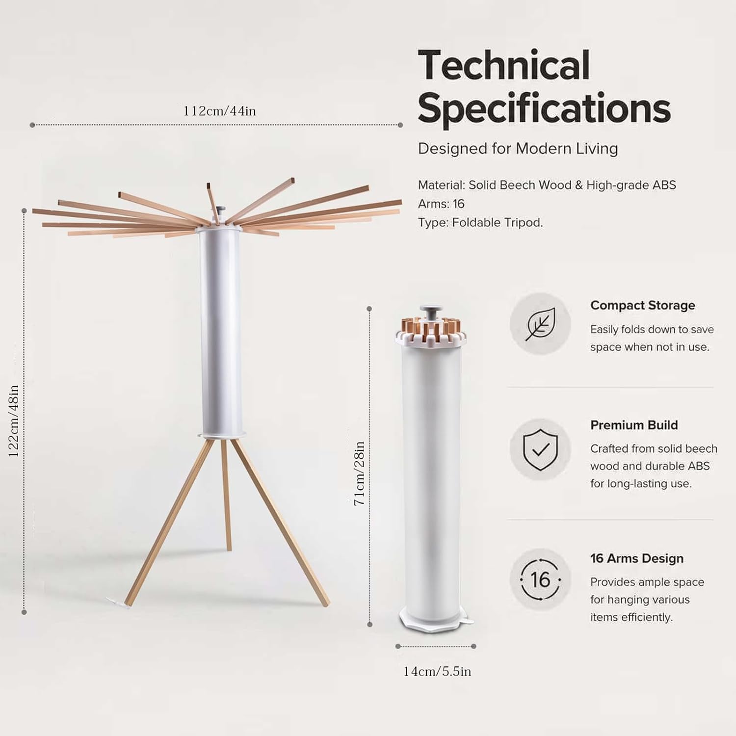 Foldable Clothes Drying Rack, Laundry Drying Rack Collapsible, 16-Pole Solid Beech Wood Tripod Clothes Drying Rack, Portable Clothes Drying Rack, Indoor/Outdoor Clothes Drying Rack