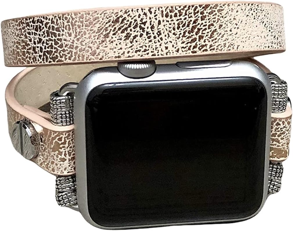 Double Wrap Sand Gold Vegan Leather Bracelet For Apple Watch 38mm 40mm 41mm 42mm 44mm 45mm Handmade Unique Fashion Design iWatch Band Adjustable Size Luxury Wristband