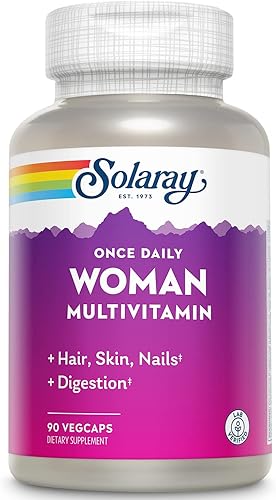 Solaray Multivitamínico Once Daily Woman con hierro, multivitamínico para mujer con mezcla de cabello, piel y uñas, mezcla enzimática y base de