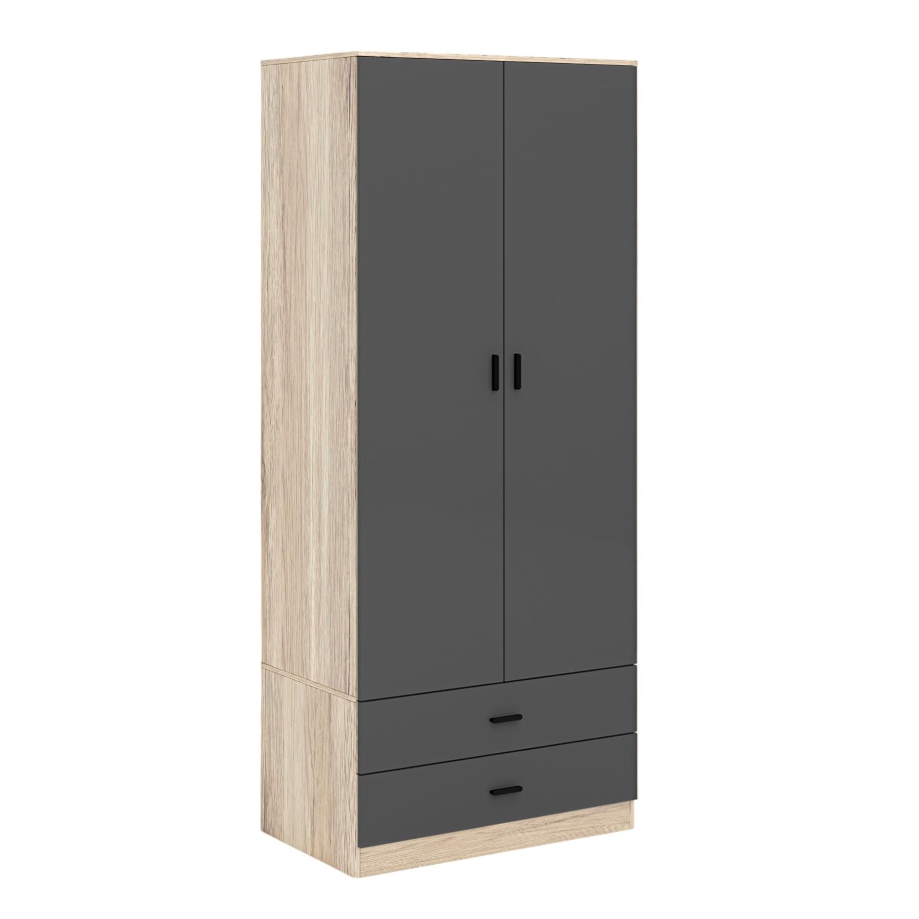 URBNLIVING Tall Wooden 2 Door Oak Wardrobe With 2 Drawers Bedroom Storage Hanging Bar Clothes (Oak Carcass + Black Drawers)