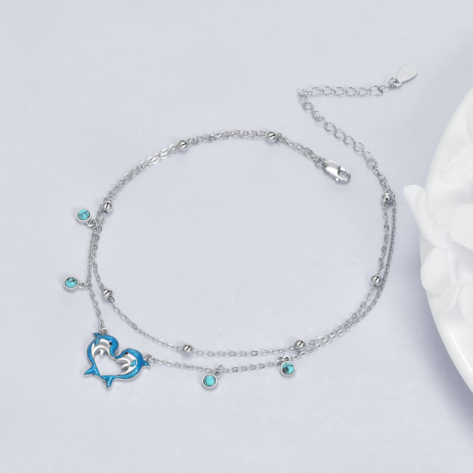 Frauen Fußketten 925 Sterling Silber Türkis Delphine Fußkettchen Geburtstagsgeschenke für Frauen
