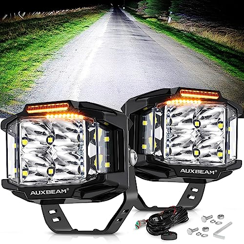 Image of Auxbeam 4 inch 92W Cube LED Pod with Amber DRL, V-MAX Series Offroad Pod Lights with Side Shooter & Amber Covers, Offroad LED Cube Offroad Square Light 270Combo Beam Auxiliary Light for Truck Jeep ATV