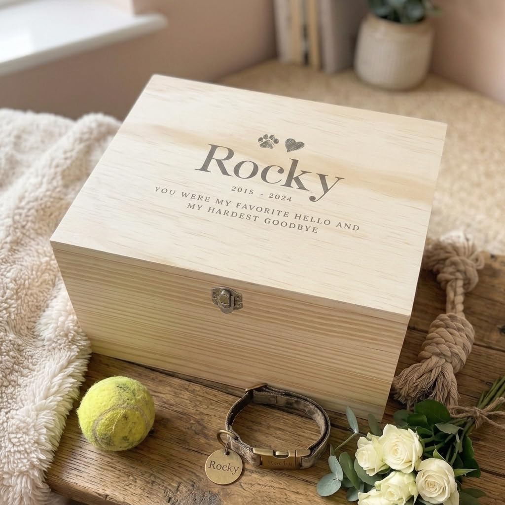 Caja de recuerdo de madera personalizada para mascotas, regalo personalizable de duelo para perros o gatos, madera de pino con bisagras de metal y cierre, 26 x 19 x 15,5 cm