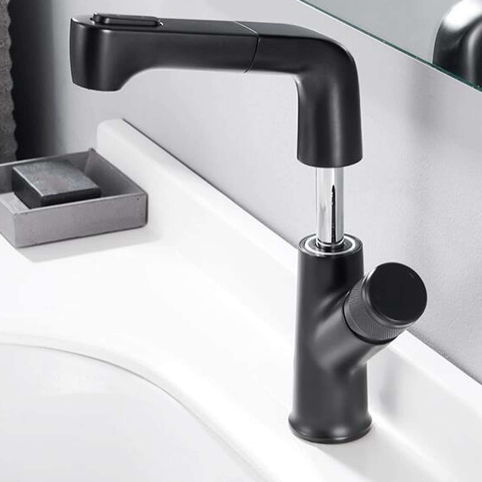 Robinet de lavabo extractible en laiton noir mitigeur pivotant eau chaude froide