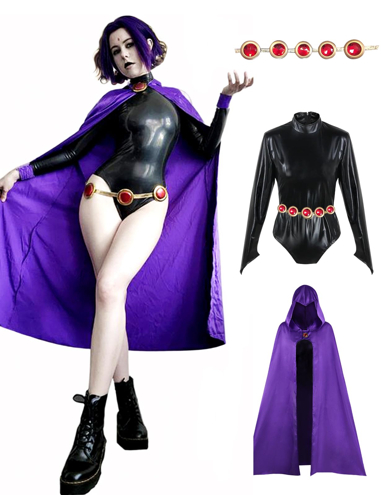 Aulauf Raven TeenTitans Costume for Women,Anime Cosplay Costume, Jumpsuit With Purple Cloak,Halloween Cosplay for Woman Adult