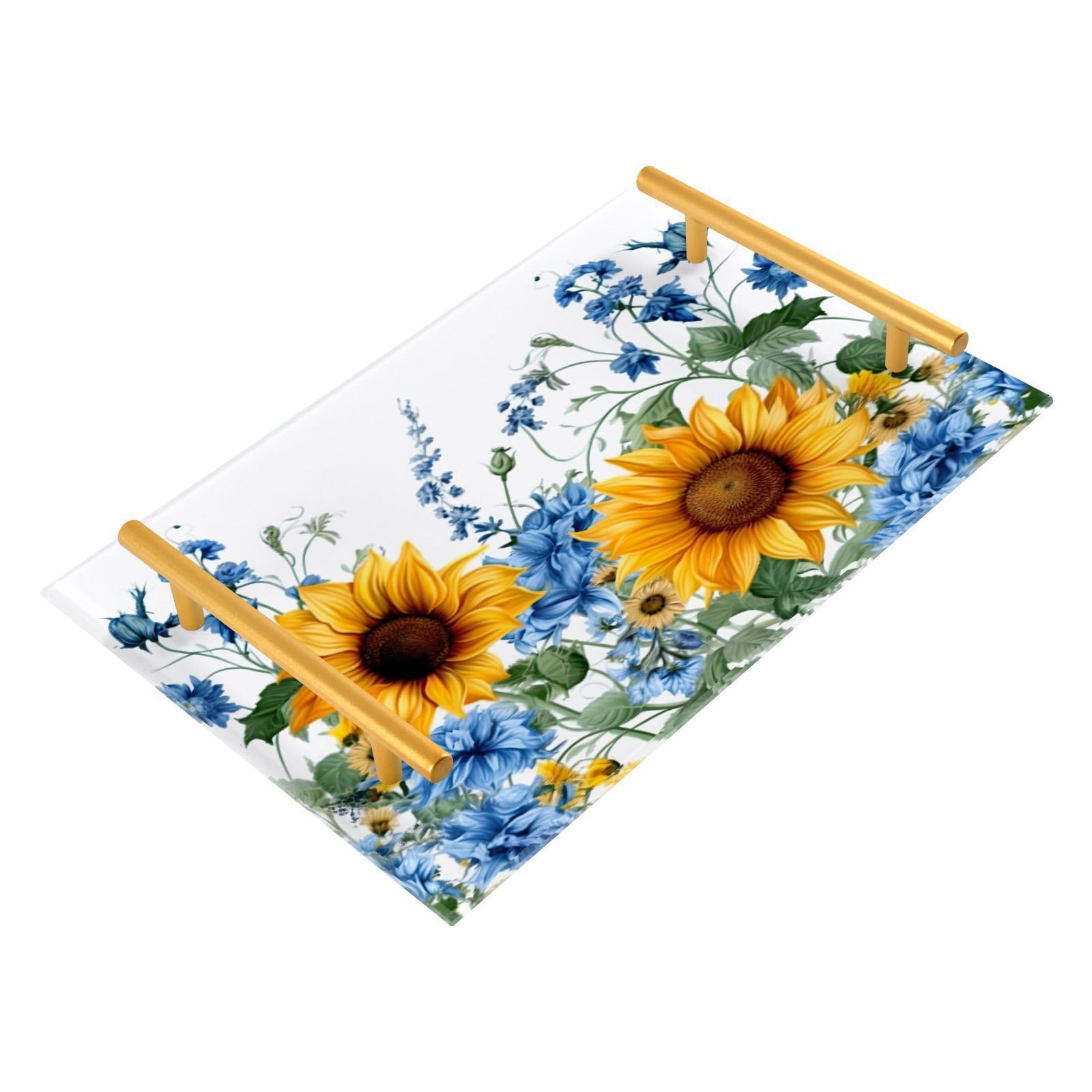 Wassud Bathroom Vanity Tray with Handles Sunflowers and Bluebells (3) Acrylic Jewelry Perfume Organizer for Bathroom Kitchen Counter 11.81