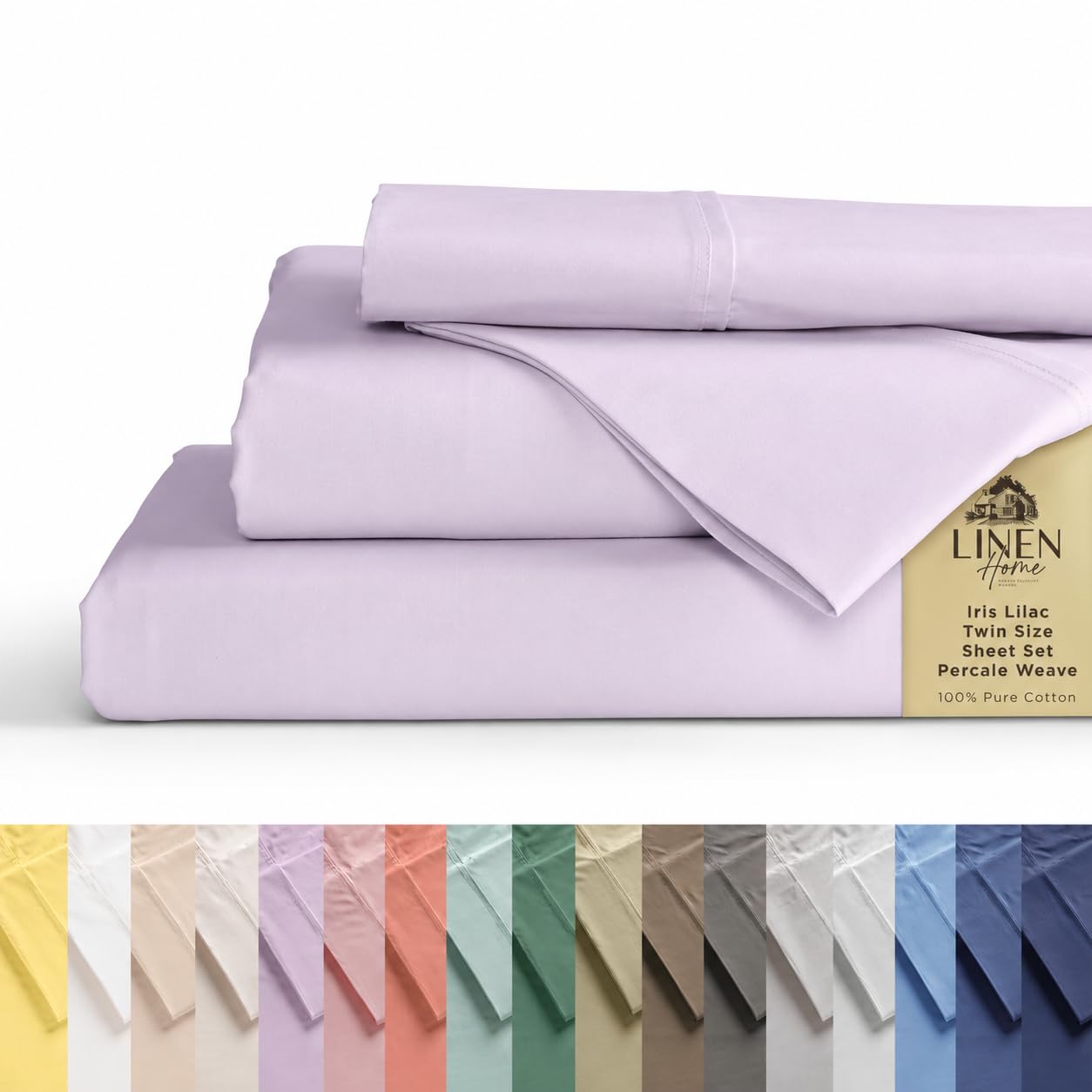Linen Home 100% Cotton Percale Sheets Twin Size, Iris Lilac, Deep Pocket, 3 Pieces Set- 1 Flat, 1 Fitted and 1 Pillowcase, Crisp Cool and Long Staple Strong Bed Linen