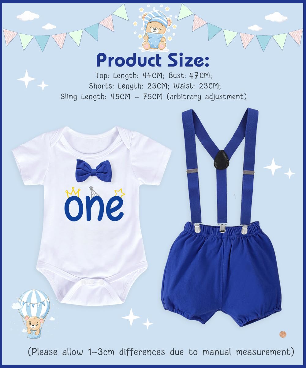 Vestiti Compleanno 1 Anno Bambino, Vestito per Il Primo Compleanno Set con Pagliaccetto, Pantaloncini, Bretelle, Corona Fascia, Compleanno Outfit per Baby Shower
